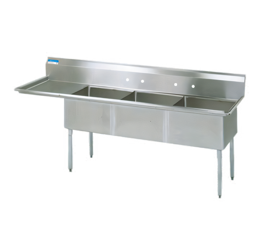 Product image #1 for BK Resources Three-Compartment Stainless Steel Sink with Left Drainboard, 24 x 24 x 14 Inch Bowls