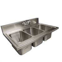 BK Resources 36-Inch 3-Compartment Drop-In Sink, 18-Gauge 304 Stainless Steel, 5-Inch Riser
