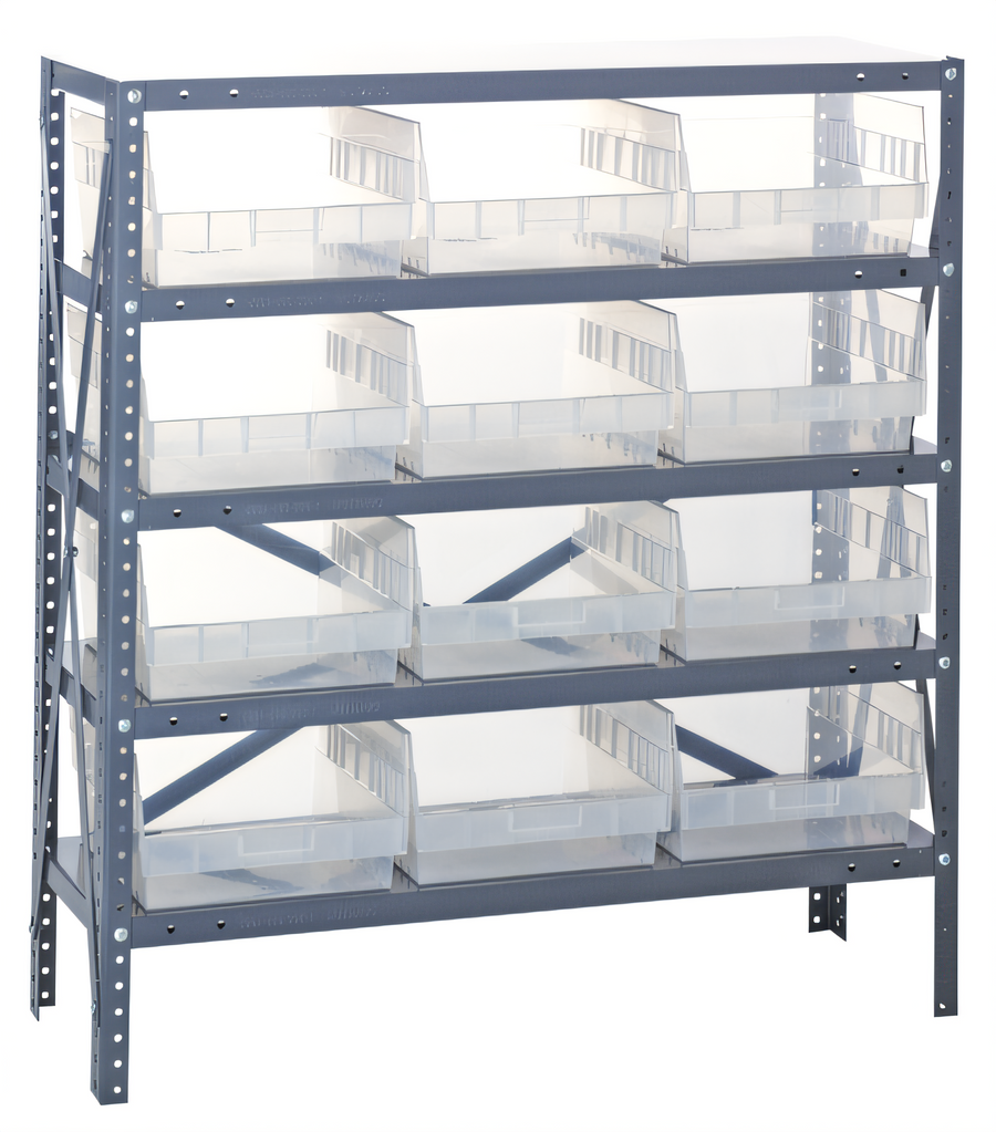Product image #1 for Quantum Heavy-Duty Stationary Wire Shelving Unit with 5 Shelves and 12 Clear Bins, 36 x 18 x 39 Inches