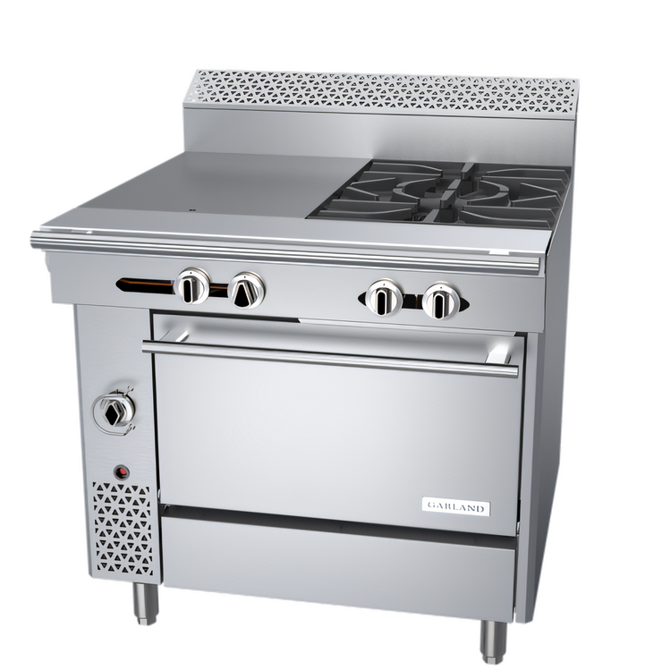 Product image #1 for Garland Cuisine Series 36-Inch Heavy Duty Natural Gas Combination Top Range with 2 Open Burners, 18-Inch Hot Top, and Standard Oven