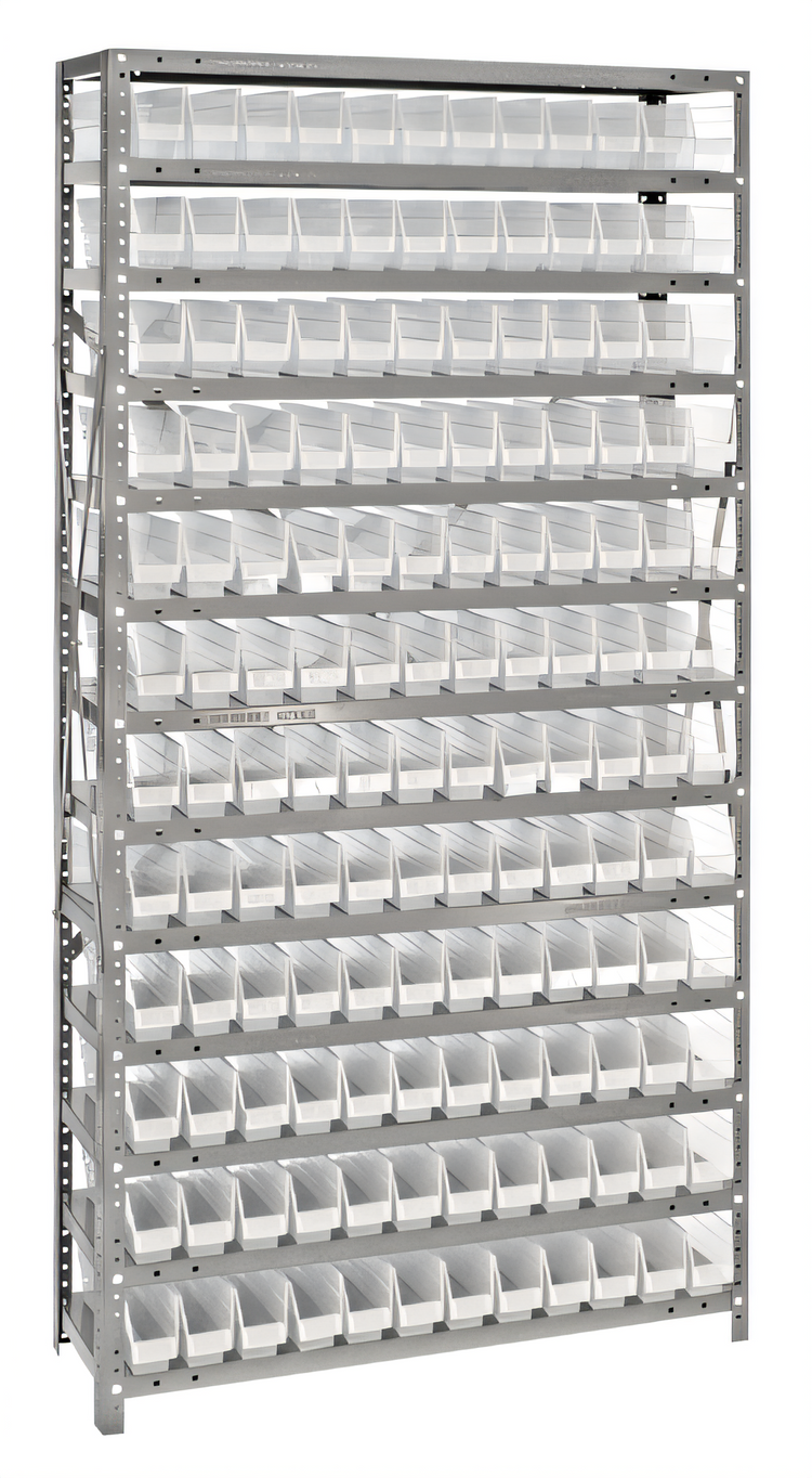 Product image #1 for Quantum Heavy-Duty Stationary Wire Shelving Unit with 13 Shelves and 144 Clear Bins, 36 x 12 x 75 Inches