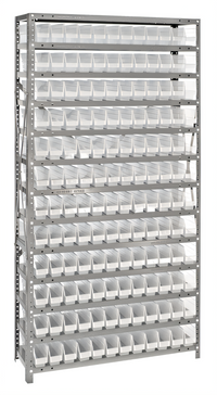 Quantum Heavy-Duty Stationary Wire Shelving Unit with 13 Shelves and 144 Clear Bins, 36 x 12 x 75 Inches