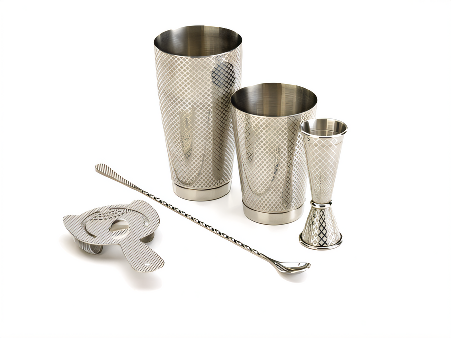Product image #1 for Barfly Diamond Lattice 5-Piece Stainless Steel Cocktail Shaker Set with Jigger, Spoon & Strainer