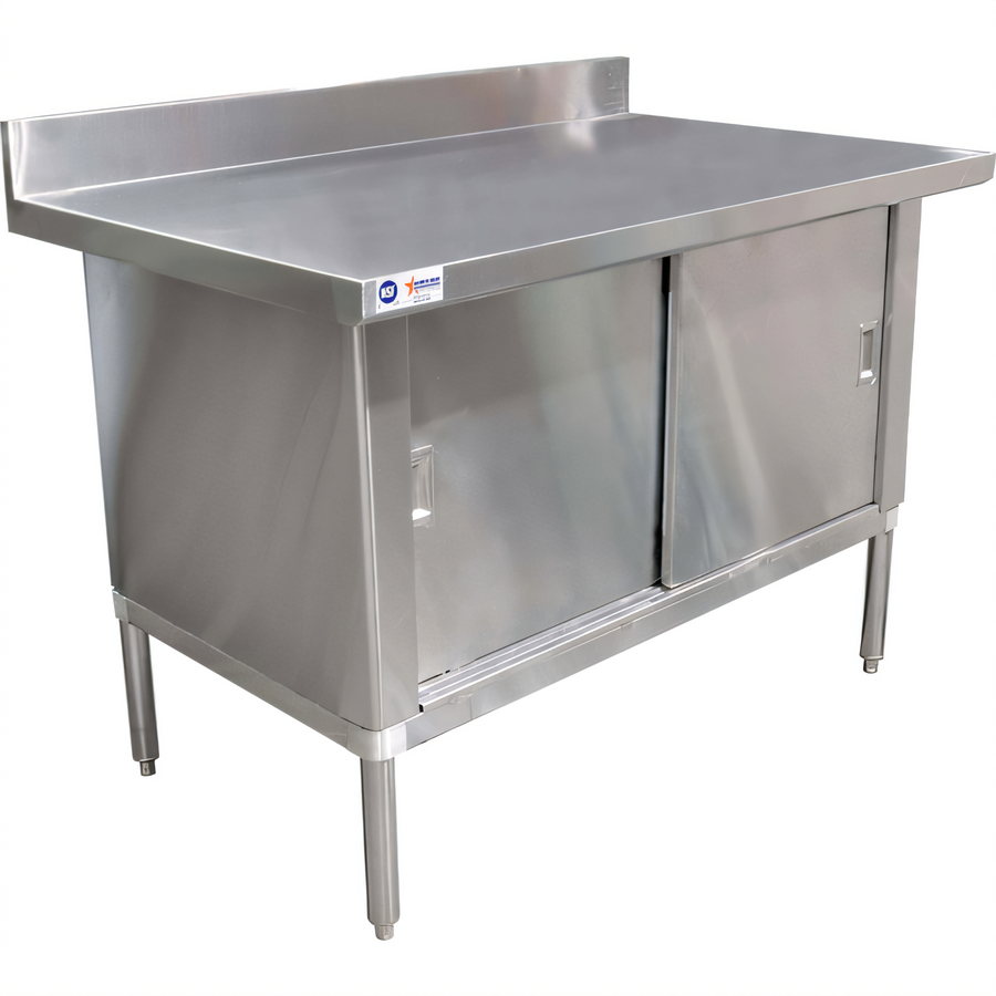 Product image #1 for 60-Inch Stainless Steel Enclosed Work Table with Sliding Doors and 4-Inch Backsplash