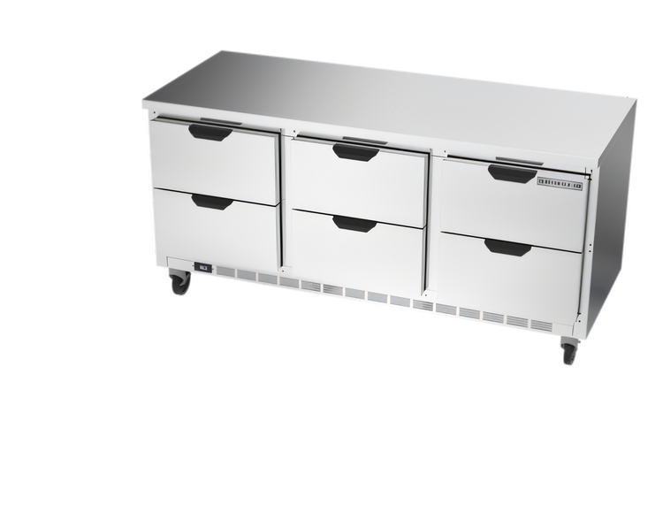 Product image #1 for Beverage-Air 72-Inch Three-Section Worktop Refrigerator with 6 Drawers and Flat Top
