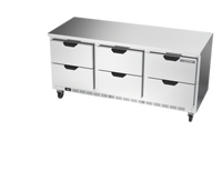 Beverage-Air 72-Inch Three-Section Worktop Refrigerator with 6 Drawers and Flat Top