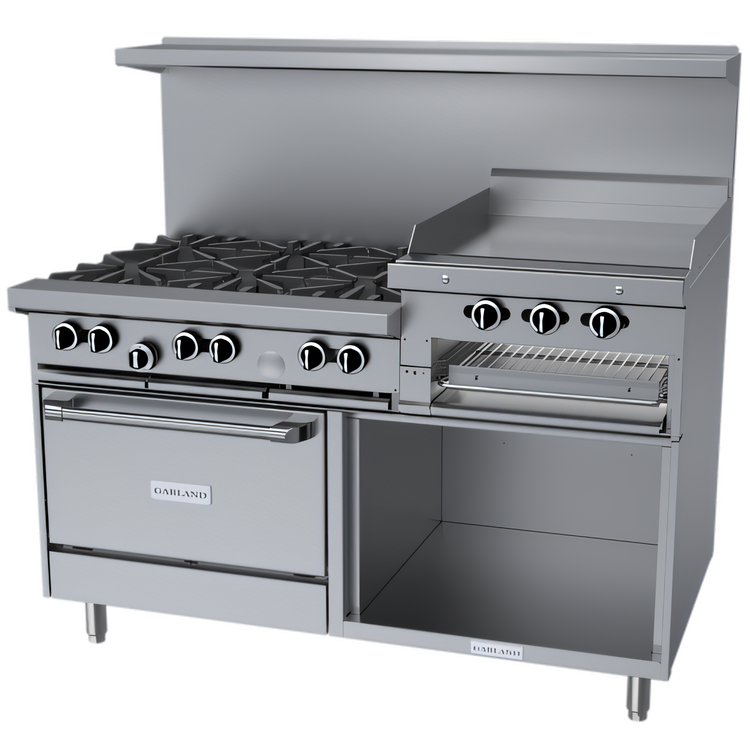 Product image #1 for Garland G Starfire Pro 60-Inch Gas Restaurant Range with 6 Open Burners, 24-Inch Raised Griddle/Broiler, Standard Oven, and Storage Base
