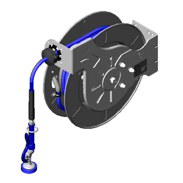 Product image #1 for T&S Brass Open Stainless Steel Retractable Hose Reel System with 3/8-Inch x 50-Foot Non-Marking Hose and Blue High-Flow Spray Valve