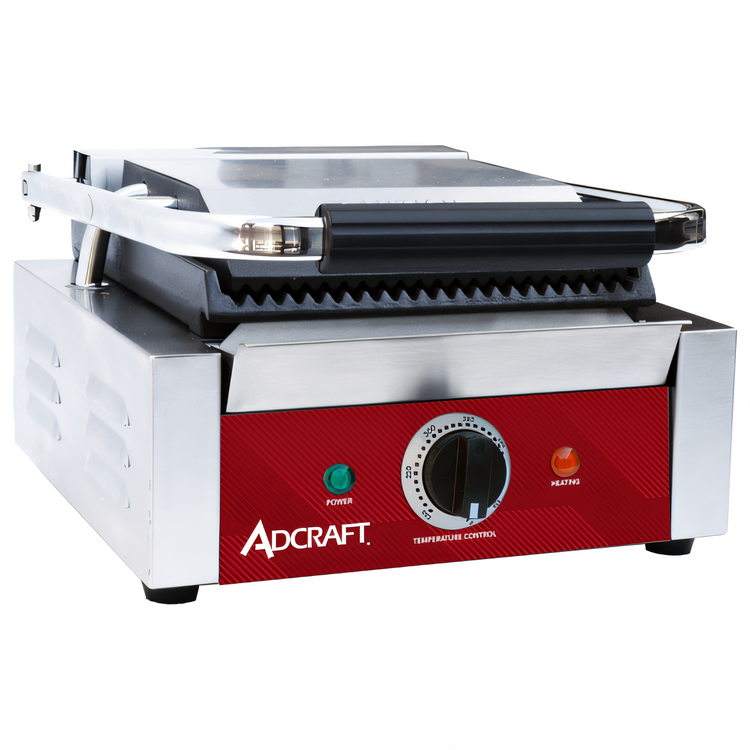 Product image #1 for Adcraft Single Countertop Sandwich Grill / Panini Press with Grooved Cast Iron Plates