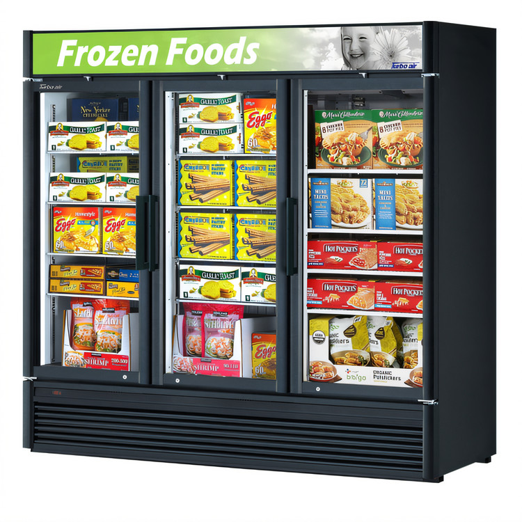 Product image #1 for Turbo Air Super Deluxe Three-Section Glass Door Merchandiser Freezer, 60.43 Cu. Ft., Bottom-Mount, 115V