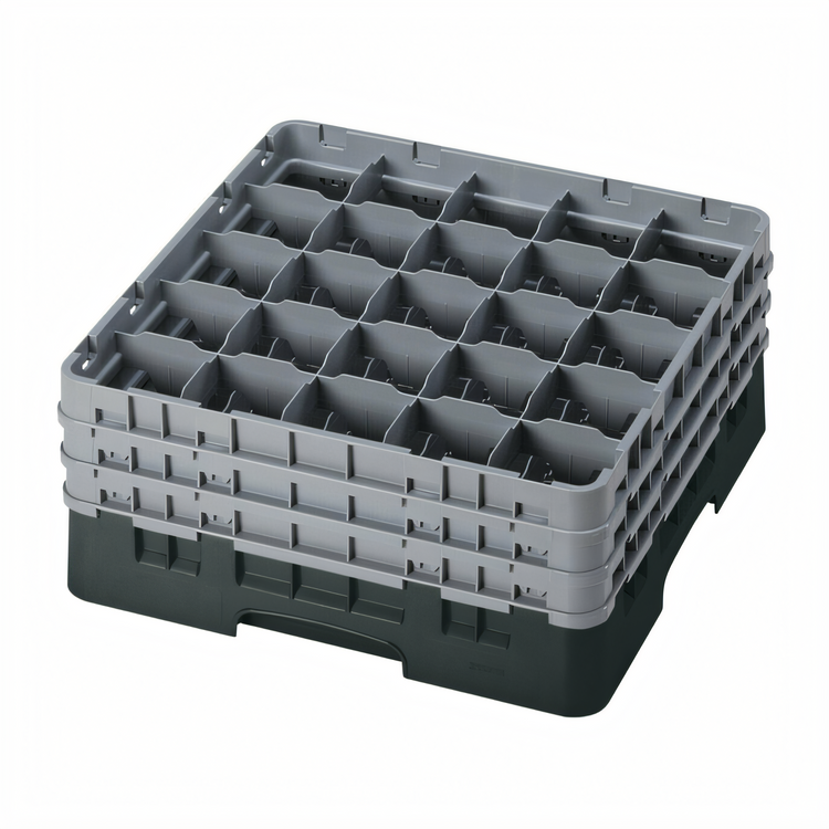 Product image #2 for Cambro Camrack Full Size Low Profile 25-Compartment Glass Rack with 3 Soft Gray Extenders, Black