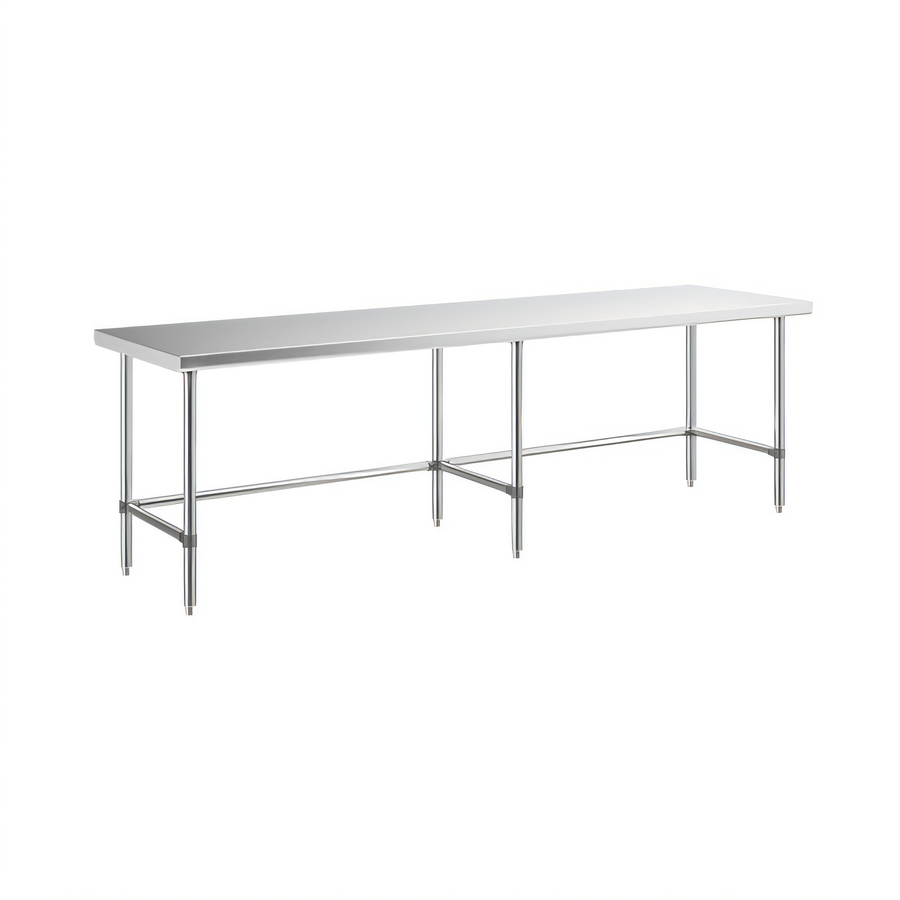 Product image #1 for Sapphire 120-Inch x 36-Inch 18/430 Stainless Steel Flat Top Work Table with Open Base, Beveled Square Edge, and 6 Legs
