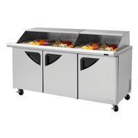 Turbo Air Super Deluxe 72-5/8-Inch Wide Three-Section Sandwich/Salad Mega Top Prep Table with Slide-Back Lid and 30-Pan Opening
