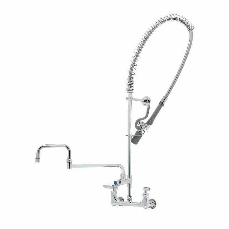 Product image #1 for T&S Brass EasyInstall 8-Inch Wall Mount Pre-Rinse Unit with Add-On Faucet, 18-Inch Double Joint Swing Nozzle, and 0.65 GPM Spray Valve