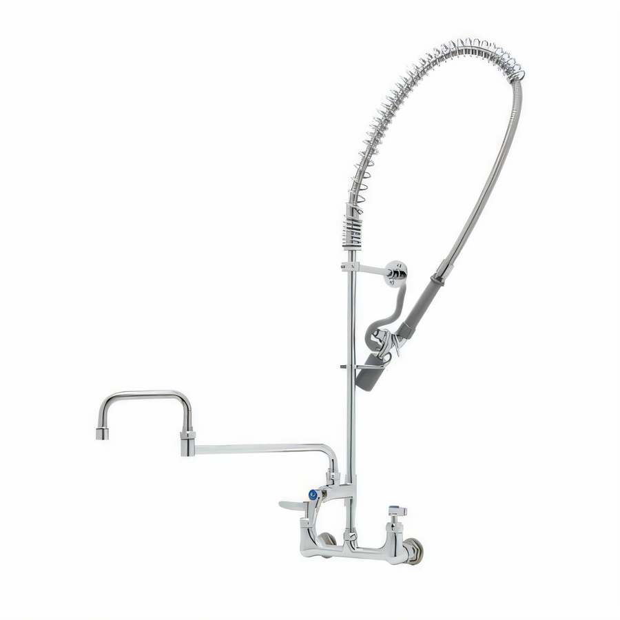 Product image #1 for T&S Brass EasyInstall 8-Inch Wall Mount Pre-Rinse Unit with Add-On Faucet, 18-Inch Double Joint Swing Nozzle, and 0.65 GPM Spray Valve