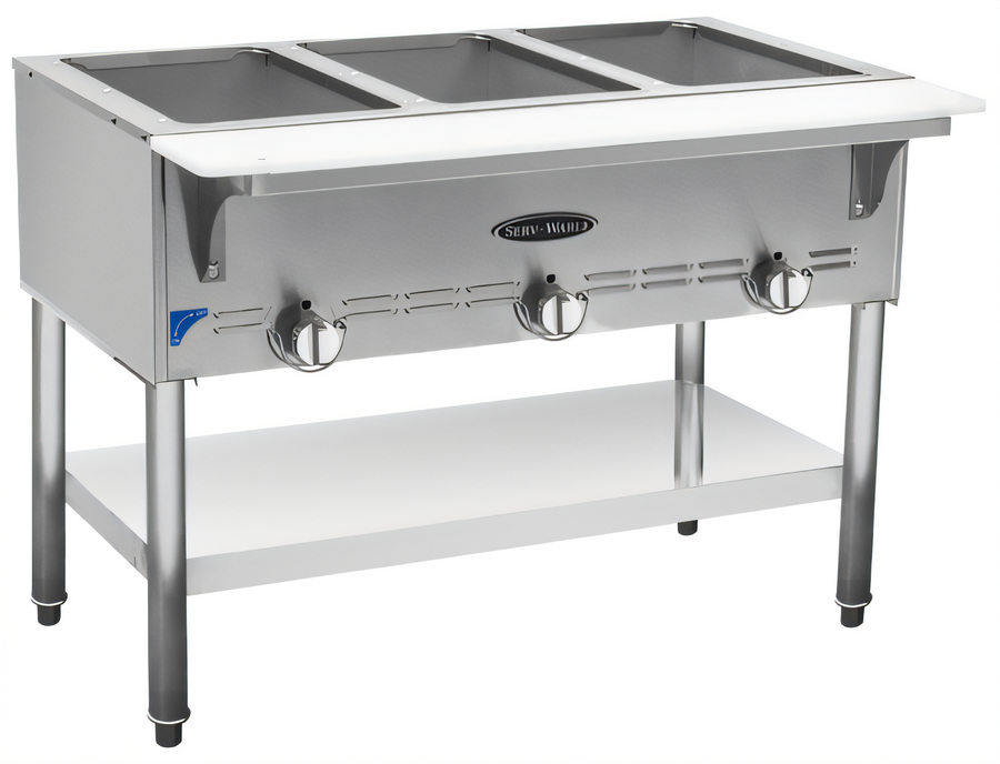 Product image #1 for Serv-Ware 3-Bay Natural Gas Open-Well Steam Table with Removable Cutting Board and Undershelf