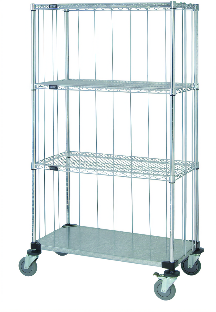 Product image #1 for Quantum Mobile Enclosure Cart with 3 Wire Shelves and 1 Solid Galvanized Shelf, 36 x 18 x 69 Inch, Chrome Plated