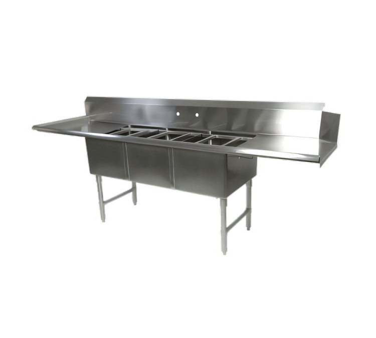 Product image #1 for John Boos Straight Stainless Steel Dishtable/Pot Sink, 121-5/8 Inches Wide, 3 Compartments, 2 Drainboards, Right-Side Dish Machine Attachment