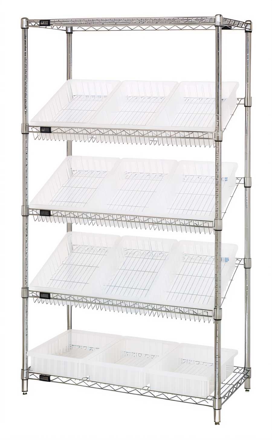 Product image #1 for Quantum Stationary Wire Shelving Bin Storage Unit with 12 Clear Bins, 36 x 18 x 63 Inches, Chrome Plated
