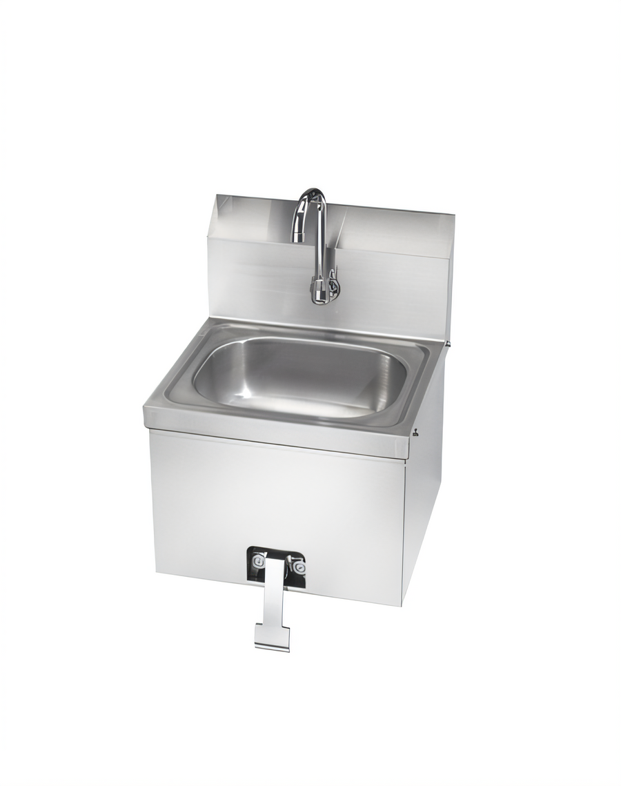 Product image #1 for Krowne Wall-Mount Stainless Steel Hand Sink with Gooseneck Faucet and Knee Pedal Valve, 8-Inch Backsplash