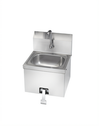 Krowne Wall-Mount Stainless Steel Hand Sink with Gooseneck Faucet and Knee Pedal Valve, 8-Inch Backsplash