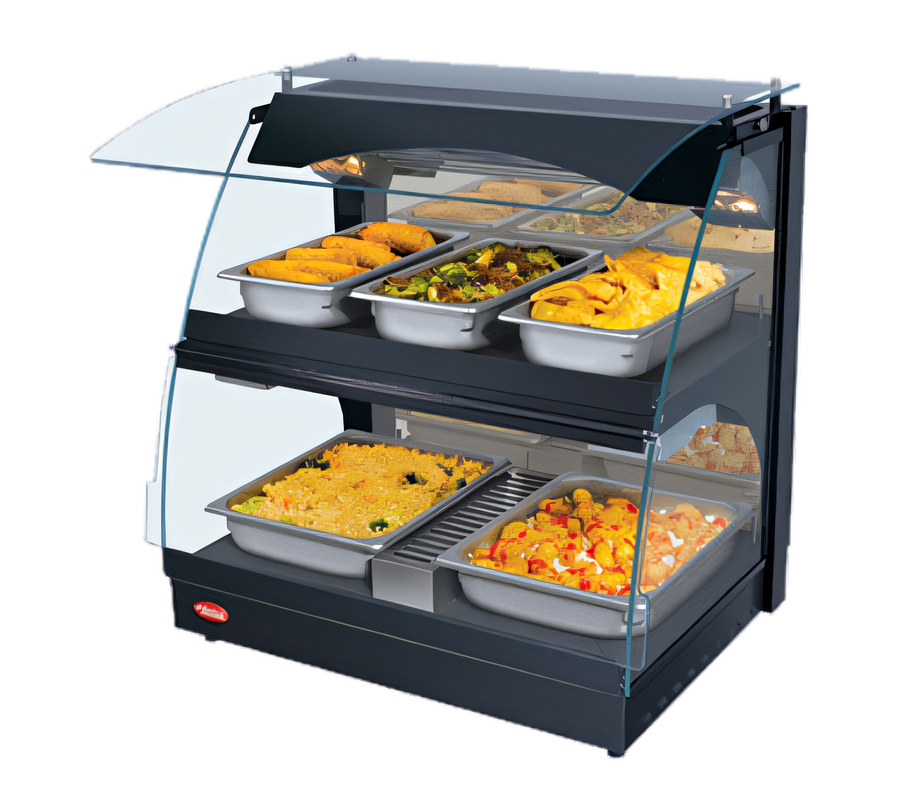 Product image #1 for Hatco Glo-Ray Curved Glass Countertop Merchandising Warmer with Deck and Shelf, Humidified Bottom Shelf, 26-Inch