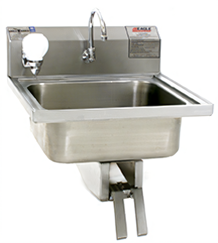 Product image #1 for 15-3/4 x 19-3/4 Inch Wall-Mounted 304 Stainless Steel Lavatory Hand Sink with Knee Valve, Gooseneck Spout, and Soap Dispenser