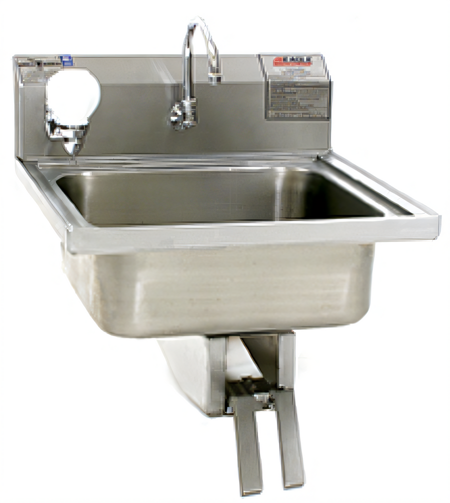 Product image #1 for 15-3/4 x 19-3/4 Inch Wall-Mounted 304 Stainless Steel Lavatory Hand Sink with Knee Valve, Gooseneck Spout, and Soap Dispenser