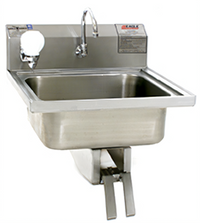 15-3/4 x 19-3/4 Inch Wall-Mounted 304 Stainless Steel Lavatory Hand Sink with Knee Valve, Gooseneck Spout, and Soap Dispenser