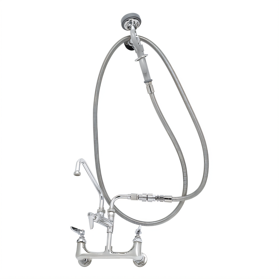 Product image #1 for T&S Brass Wall-Mount Pre-Rinse Spray Assembly with 8-Inch Adjustable Centers, 12-Inch Swing Nozzle and 104-Inch Hose