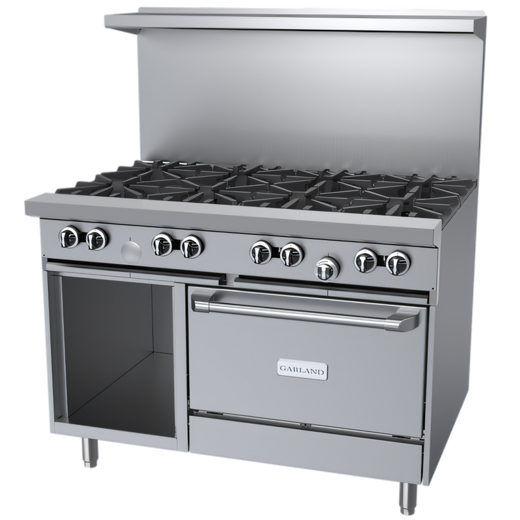 Product image #1 for Garland G Starfire Pro 48-Inch Gas Restaurant Range with 8 Open Burners, Standard Oven, and Storage Base