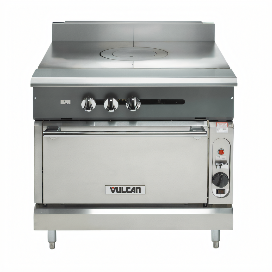 Product image #1 for Vulcan V Series 36-Inch Heavy Duty Gas Range with Dual Plancha Griddles and Cabinet Base