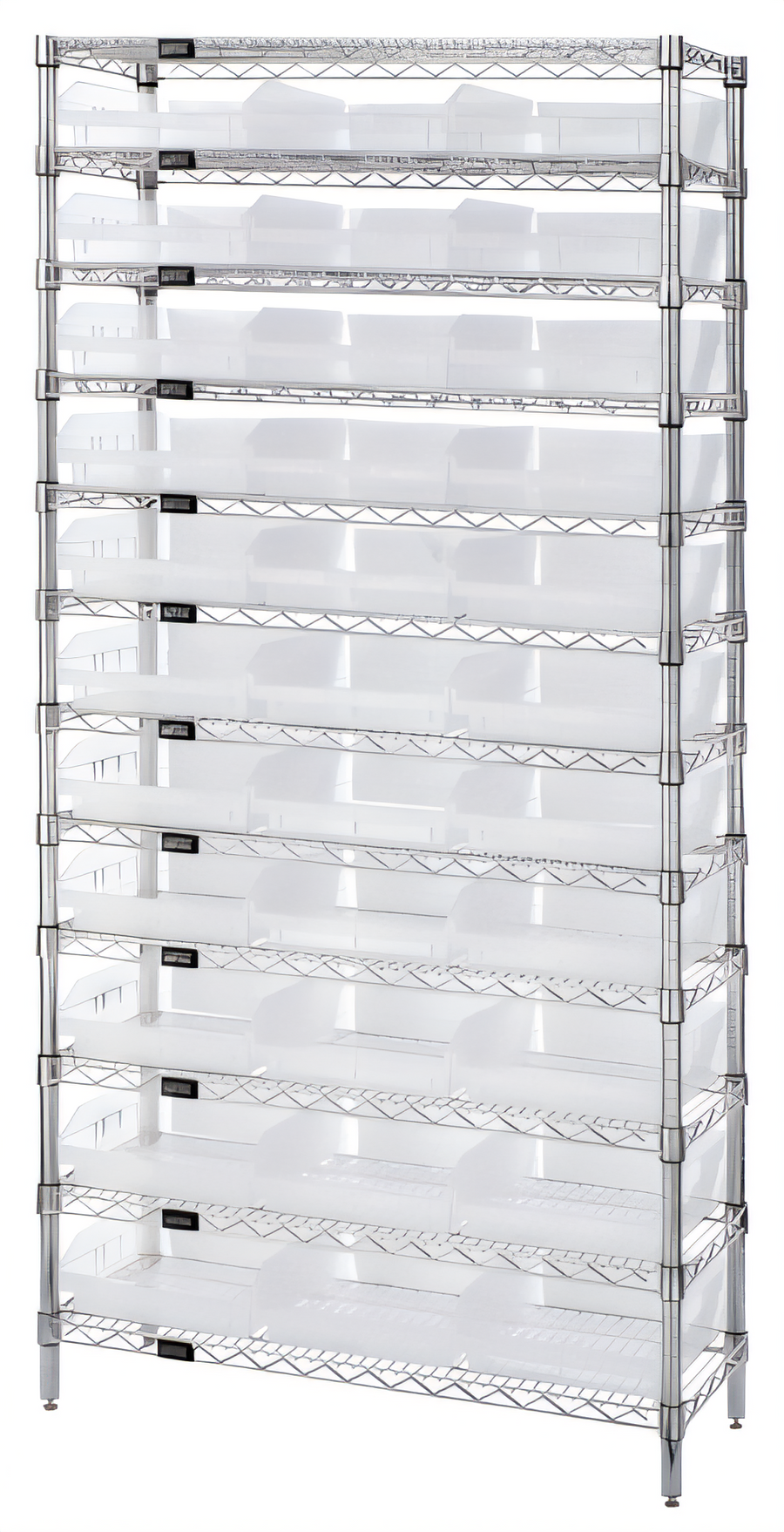 Product image #1 for Quantum Bin Wire Shelving Unit with 12 Shelves and 33 Clear Bins, Chrome Plated, 36 x 24 x 74 Inches