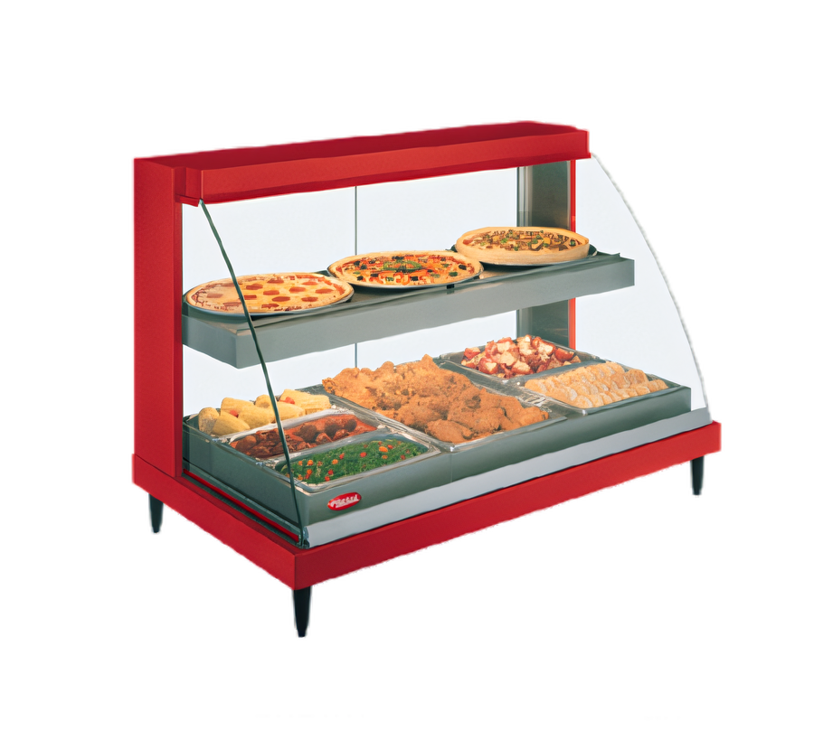 Product image #1 for Hatco Glo-Ray Designer 3-Pan Dual-Shelf Heated Display Case, Curved Glass, 120V Countertop Hot Food Display