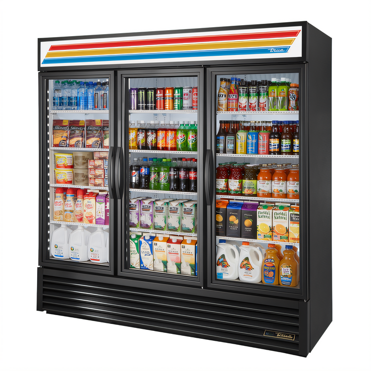 Product image #1 for True GDM-72-HC~TSL01 Three-Section Glass Door Refrigerated Merchandiser, Standard Look, Self-Contained Bottom-Mount