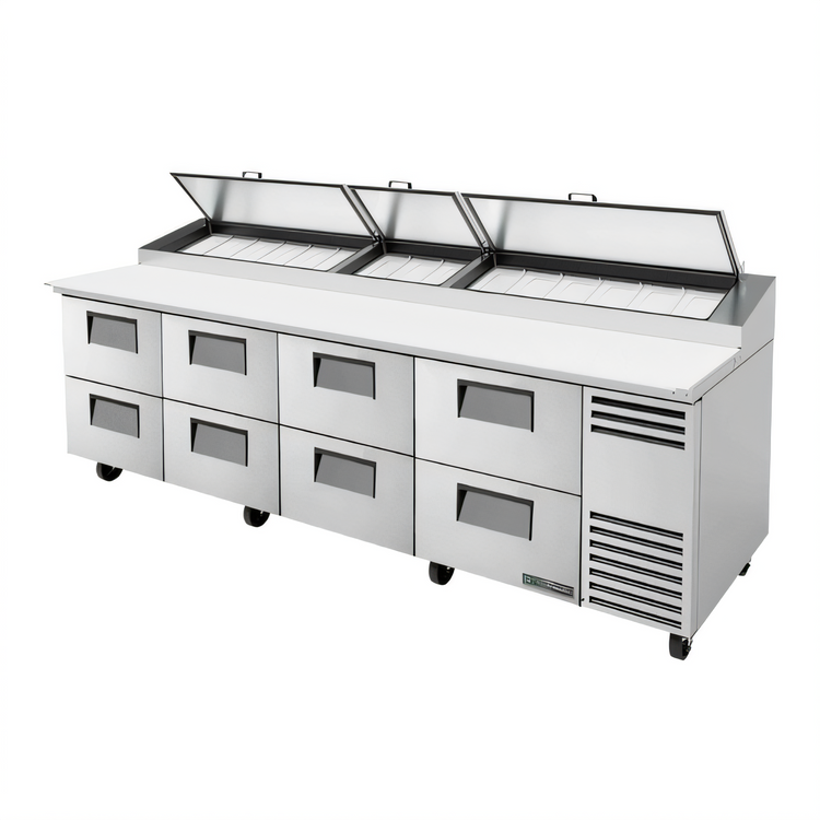 Product image #1 for True 119-Inch 4-Section Pizza Prep Table with 8 Drawers, White Poly Cutting Board, and Self-Contained Refrigeration