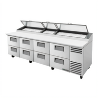 True 119-Inch 4-Section Pizza Prep Table with 8 Drawers, White Poly Cutting Board, and Self-Contained Refrigeration