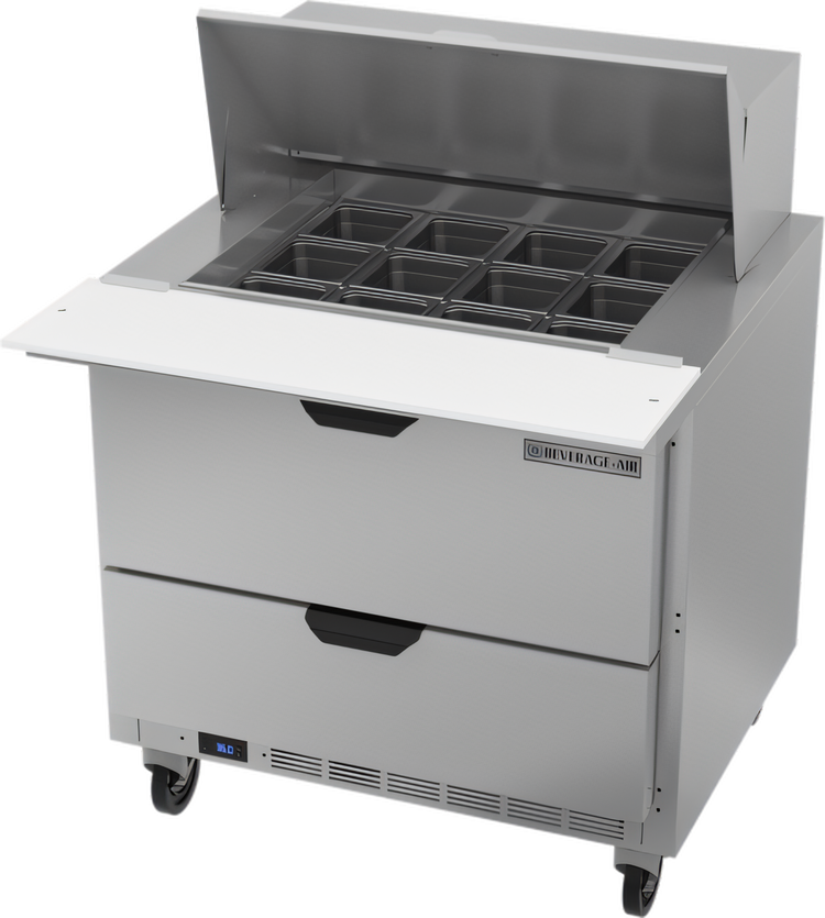 Product image #1 for Beverage-Air 36-Inch One-Section Mega Top Refrigerated Prep Table with 12-Pan Top and 2 Drawers