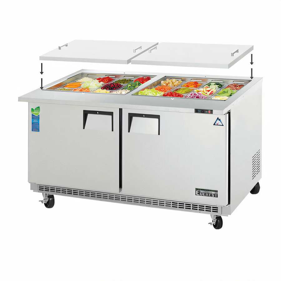 Product image #1 for Everest Refrigeration Mega-Top Open Top Prep Table, 2-Section, 59-1/8 Inch Wide, 24 x 1/6 Pan Capacity, Rear-Mounted Self-Contained Refrigeration
