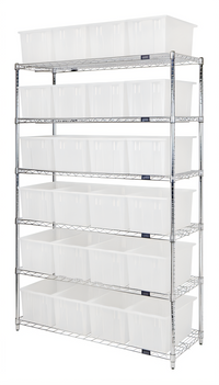 48 x 18 x 74 Inch Chrome-Plated Stationary Bin Wire Shelving System with 6 Shelves and 24 Clear Containers