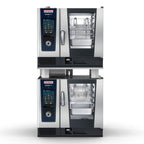 Thumbnail image #1 for RATIONAL Quick Ship ICP 6-HALF ON 6-HALF NG 120V 1PH AD-QS Double-Stack Natural Gas Combi Ovens with AutoDose, 12-Pan Capacity Each