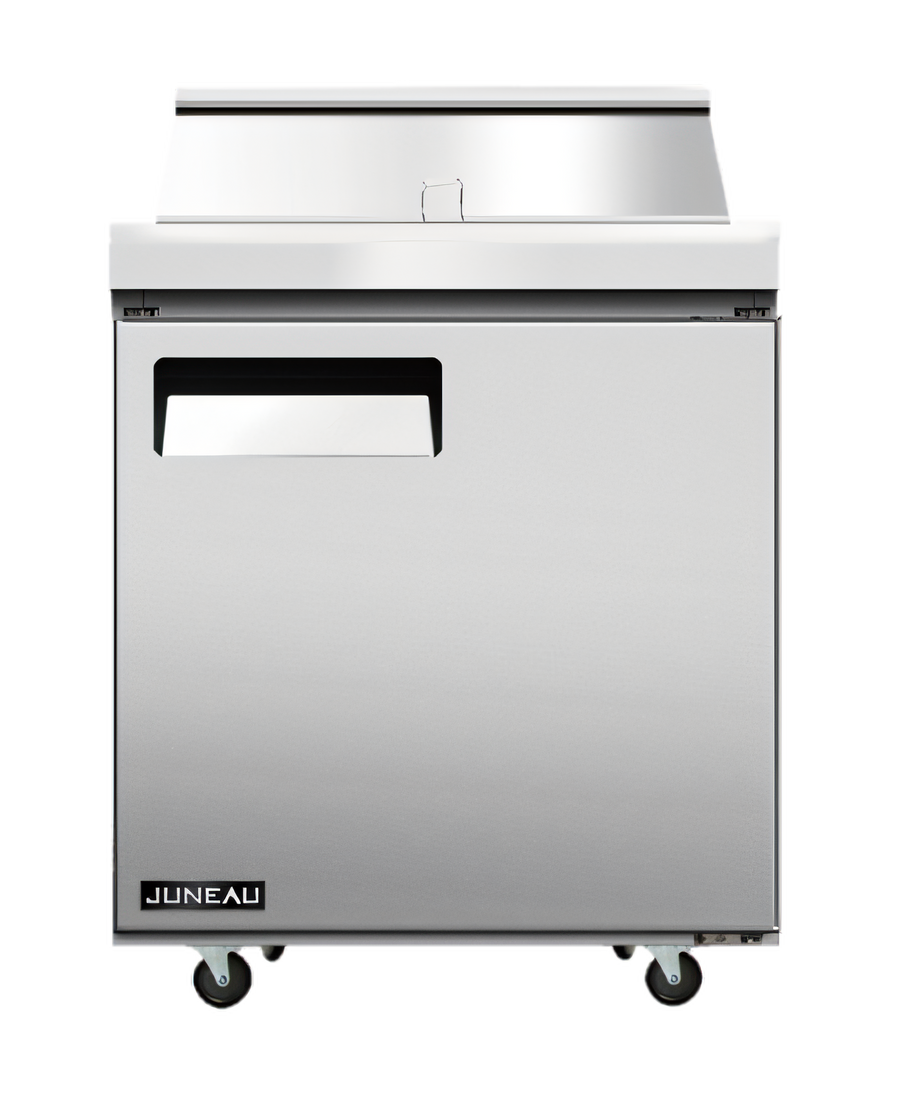 Product image #1 for Juneau 28-Inch 1-Section Refrigerated Prep Table with Rear-Mounted Self-Contained Refrigeration, 8-Pan Capacity