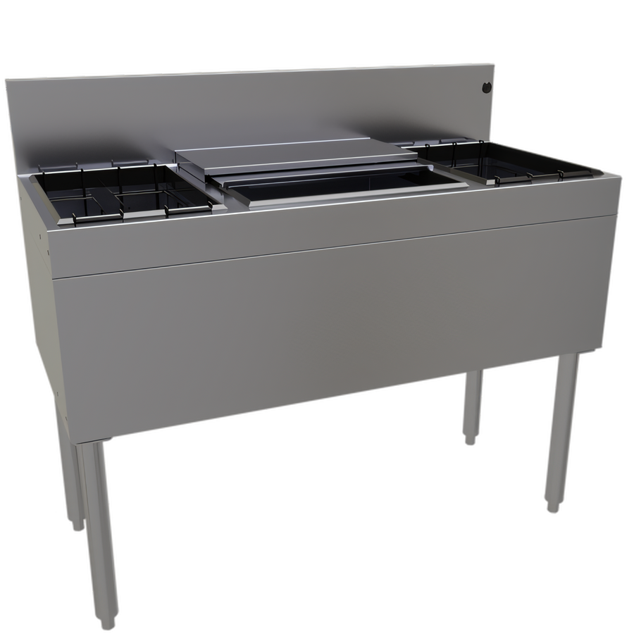 Product image #1 for Glastender CBA-42 Stainless Steel Underbar Combo Ice Bin and Cocktail Unit with Dual Bottle Wells, 42 Inch, 50 lb. Ice Capacity