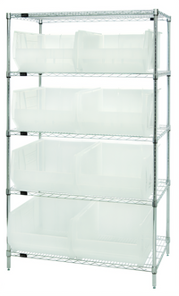 Quantum Stationary Bin Wire Shelving System, 42 in. W x 24 in. D x 74 in. H, 5 Shelves, 8 Clear Bins