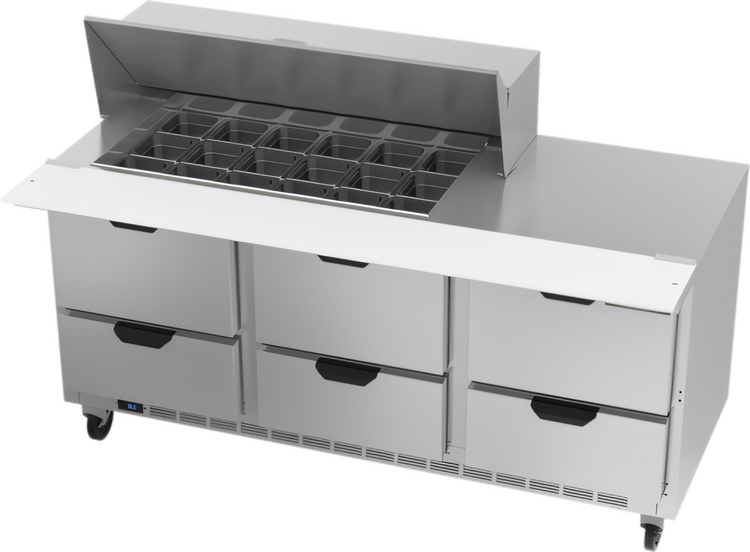 Product image #1 for Beverage-Air 72-Inch Three-Section Mega Top Refrigerated Prep Table with 6 Drawers and 18 1/6-Pan Top