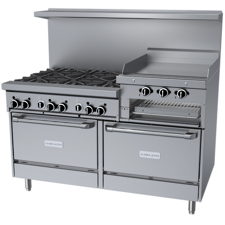 Product image #1 for Garland GF Starfire Pro 60-Inch Commercial Gas Range with 6 Open Burners, Right-Side 24-Inch Raised Griddle/Broiler and 2 Standard Ovens