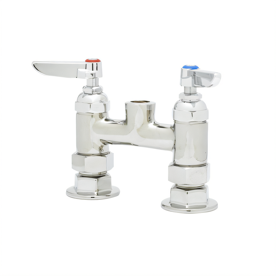 Product image #1 for T&S Brass Deck-Mounted Mixing Faucet Base, 4-Inch Centers, Quarter-Turn Eterna Cartridges, Lever Handles, No Spout