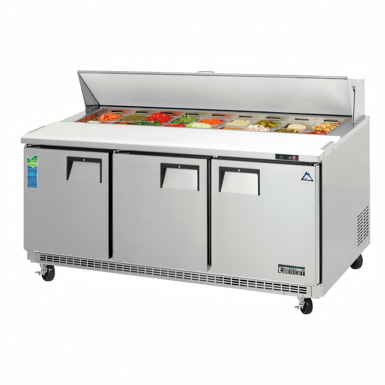 Product image #1 for Everest Refrigeration EPBNR3 Three-Section Back-Mounted Sandwich Prep Table with 18 1/6-Size Pan Opening, 71-1/8" W, 19 Cu. Ft.