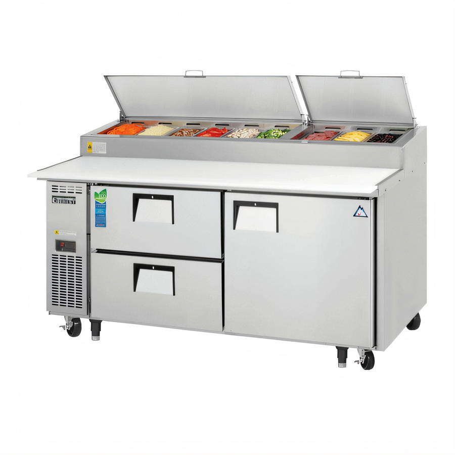 Product image #1 for Everest Refrigeration Drawered Pizza Prep Table, 2-Section, 71-Inch Wide, 1 Door and 2 Drawers, Side-Mounted Self-Contained Refrigeration