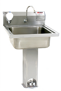 Eagle Group Pedestal-Mount Lavatory Hand Sink with Foot-Valve Gooseneck Spout, Soap Dispenser, Basket Drain, 304 Stainless Steel